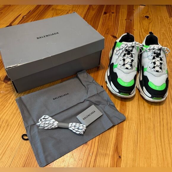 US 14 EU 47 Balenciaga Triple S Sneaker White Green Fluo 536737 W09O6 9063 - Picture 1 of 16
